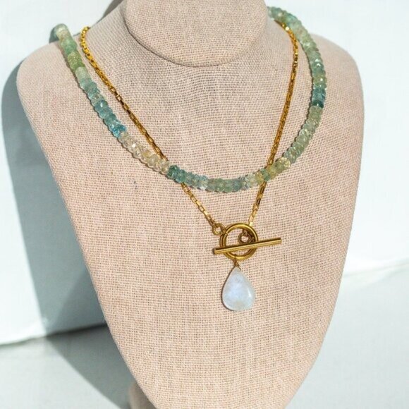 Aquamarine Beaded Necklace BEAUTIFUL goddess necklace for her Non-tarnish Gold - Picture 5 of 14